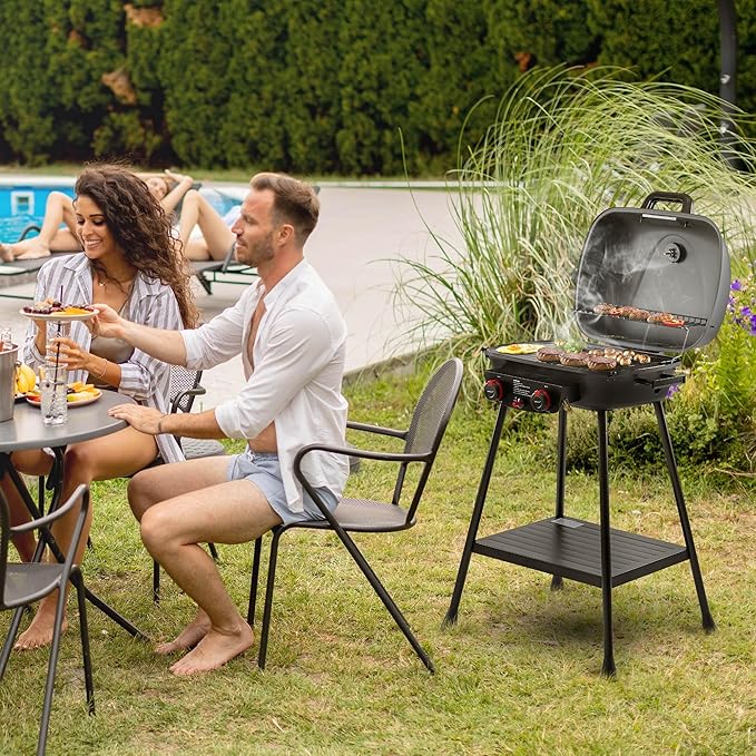 Royal Gourmet GT2003 Portable 2 Burner Propane Gas Grill with Stand and Warming Rack, 2-in-1 Grill Griddle Combo with 17,000 BTUs Output forCamping, Tailgating, Backyard, Gray