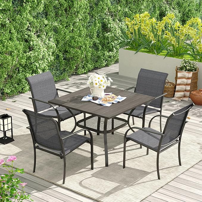 VICLLAX Patio Dining Table for 4 Square Metal Outdoor Table with Umbrella Hole and Storage Shelf for Garden Lawn Balcony Deck, Grey