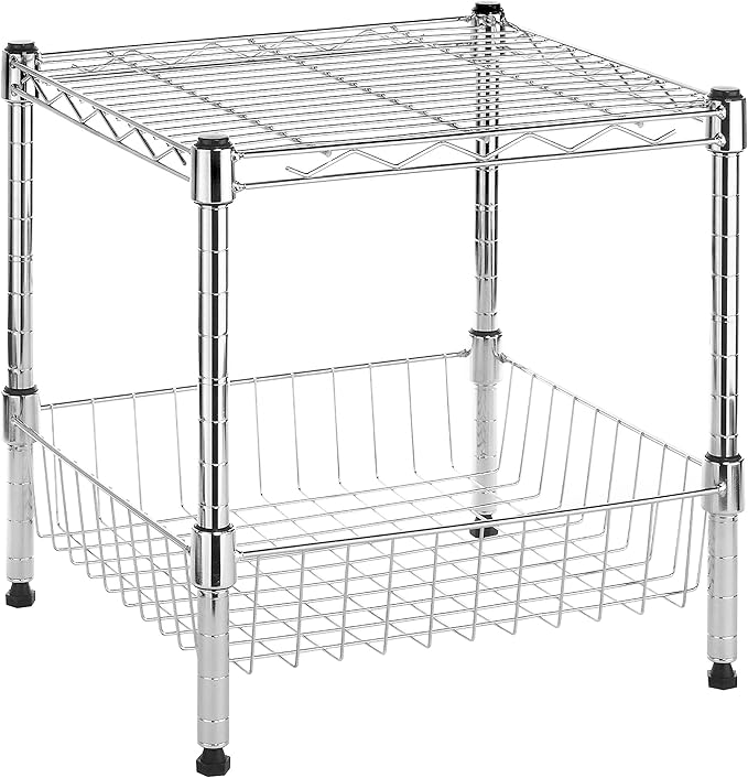Whitmor 2-Wire Shelving Unit, Metal Storage Shelves, Stacking Shelf with Basket, Easy Assembly Home Organizer for Pantry, Kitchen, Garage, Plant