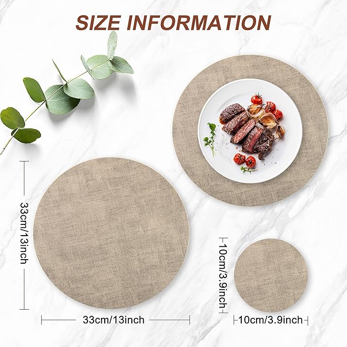 Round Faux Leather Placemats and Coasters, Set of 4, Reversible Heat Resistant Non-Slip Table Mats, Waterproof Wipeable Place Mats for Dining Table, Washable for Indoor & Outdoor (4, Light Brown)