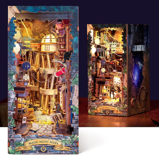 3D Wood Puzzle Book Nook Kit, DIY Magical Miniature Dollhouse with LED Light, Magic Night Alley Bookshelf Insert Bookend for Display, 3D Puzzle Craft Set for Adults(Magic Night Alley)
