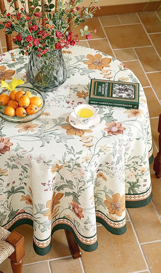 French Linen Small Tablecloth for Round Table,Orange Floral Pattern Wrinkle Resistant Tablecloths,Decor Table Cover for Kitchen,Dining,Party,Thanksgiving,Christmas,Diameter 55"-Milch