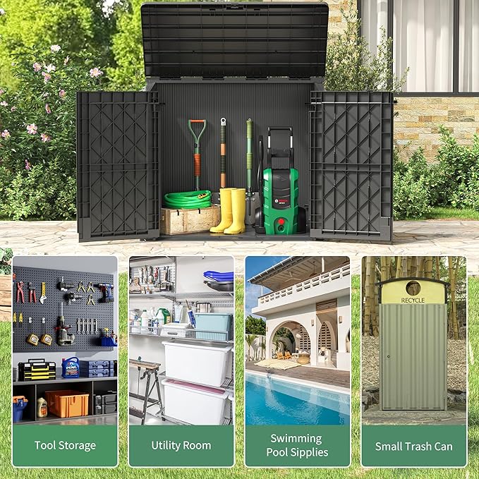 Outdoor Horizontal Resin Storage Shed,Portable Outdoor Storage Cabinet 36 Cu Ft with Lockable Doors -Waterproof Storage Box for Backyards,Easy to Assemble Black