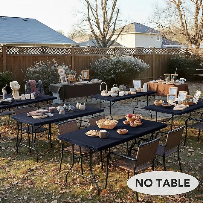 LUSHVIDA 6 Packs Vinyl Tablecloths with Flannel Backing for 4ft Rectangle Folding Table Cloths - Waterproof Plastic Picnic Table Covers with Elastic Corners, 30x48 inch, Navy Blue