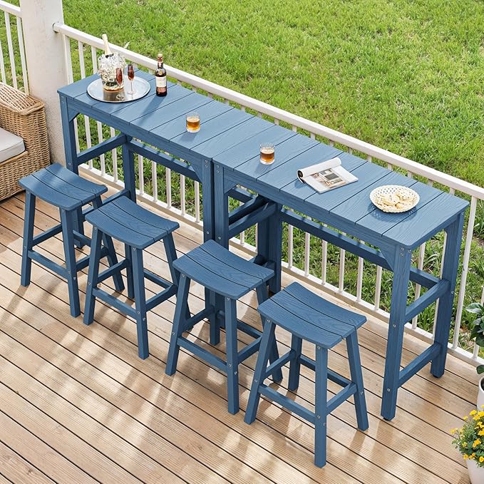 Weatherproof Bar Stools Set of 2, 28" Height Outdoor Bar Stools Holds up to 400 lbs, Saddle Seat, Bar Height Stools for Patio, Garden, and Kitchen Island, Blue