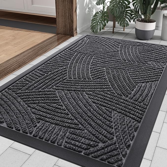 Smiry Front Door Mat Outside Entrance, Heavy Duty Sturdy Natural Rubber Doormat, Trap Dirt and Moisture, Easy Clean Low Profile Mats for Indoor Outdoor Entry, Interwoven Stripes (36x24, Grey)