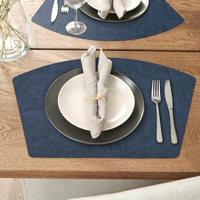 Round Table Placemats Set of 4, Faux Leather Wedge Shape Place Mats Heat Resistant Wipeable Washable Table Mats for Dining Outdoor Indoor, Dark Blue
