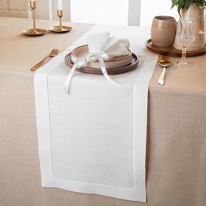 D'Moksha Homes Linen White Table Runner 48 Inches - Classic Hemstitch, 100% Pure Linen Coffee Table Runner 14 x 48 Inch Ideal for Dresser Tables, Valentines, Spring, Easter
