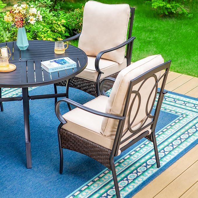 PHI VILLA Patio Chairs Set of 2, Heavy Duty Outdoor Metal Wicker Dining Chair with Thick Cushions, Large All Weather Wrought Iron Deck Chair for Outisde, Porch Backyard, Support 300lbs