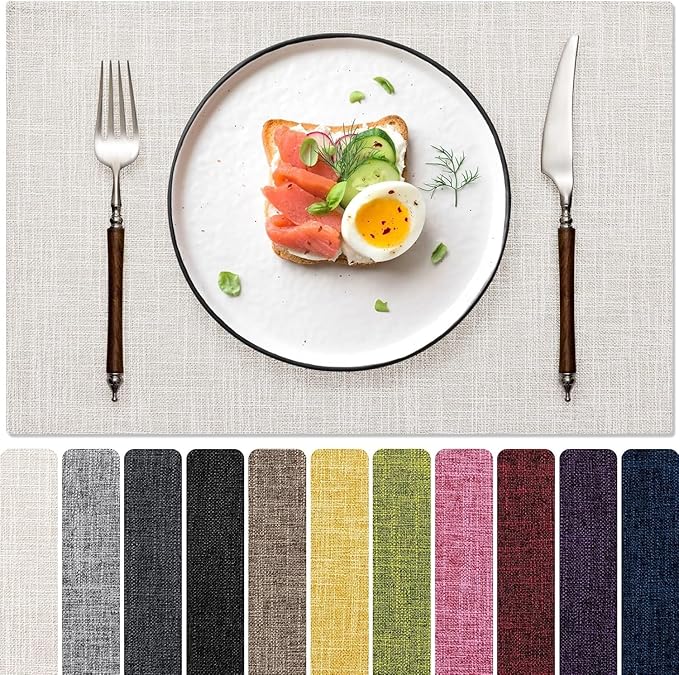 Blue Forest Placemats Set of 6, Dual-Layered Thickened Faux Linen Cloth Place Mats Heat Resistant Machine Washable Wrinkle Free Table Mats Indoor/Outdoor (CreamBeige)