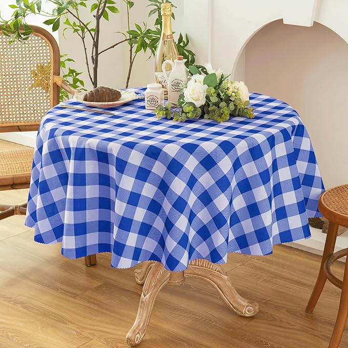 Waterproof Plaid Tablecloth Fabric - Round 70 Inch Classic Gingham Checker Table Cloth for Indoor/Outdoor Use - Buffalo Table Cover for Picnics, BBQs, and Parties