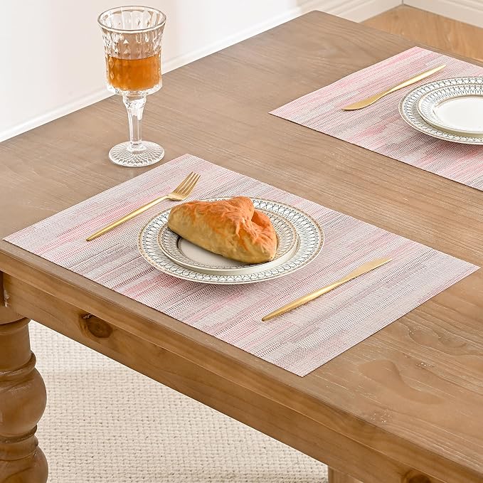 Leetaltree Misty Rose Placemats Set of 12 - Heat Resistant Non-Slip Place mats for Dining Table, Washable Durable PVC Vinyl Woven Table Mats（Misty Rose, 12）
