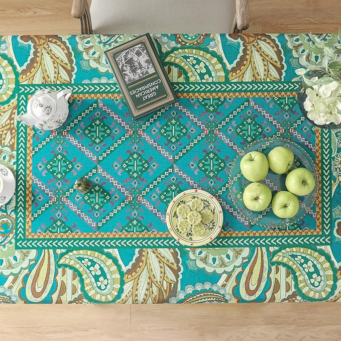 Designer Green Table Cloth Rectangle Table,Vintage Linen Wrinkle Resistant Durable Froal Tablecloth,Decor Table Cover for Home Christmas Thanksgiving Living Room Dining 55" × 79"-Milen