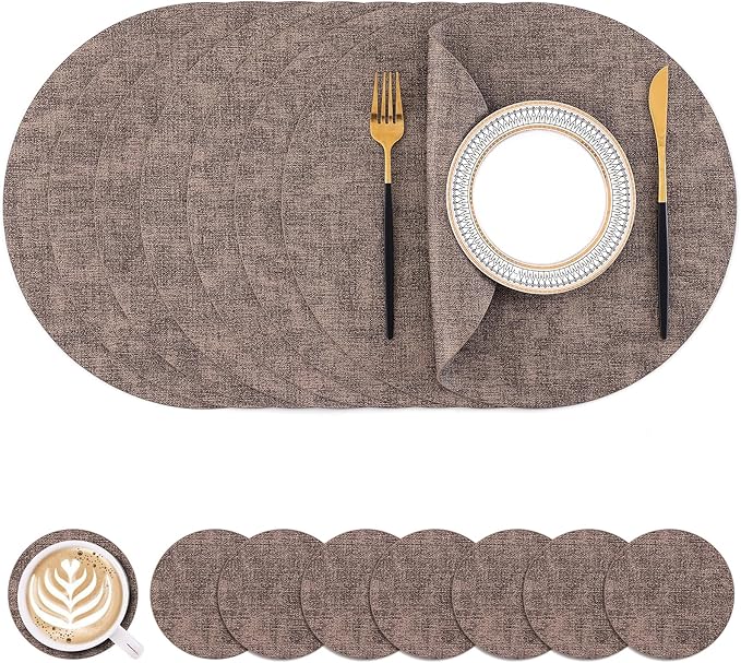 Homaxy Round Faux Leather Placemats and Coasters, Washable Dual-Side Table Mats, Wipeable Heat-Resistant Dining Place Mats for Outdoor and Indoor, Set of 8, Diameter 13 and 3.93 inch, Dark Brown