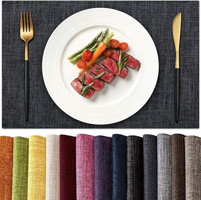 KXN Placemats Set of 8, Dual-Layer Thickened Faux Linen Table Mats, Heat Resistant & Wrinkle-Free, Machine Washable Cloth Place Mats for Kitchen Dining Indoor Outdoor (Dark Gray)