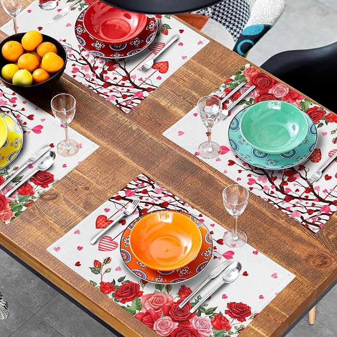 Giwawa Valentine's Day Placemats, Romantic Love Hearts Tree Branches Rose Floral Table Mat, Heat Stain Resistant Linen Place Mats for Kitchen Dining Wedding Anniversary Decor, 12"x18", Set of 4