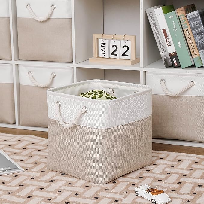 11 x 11 Inch Cube Storage Bins, 6 Pack Large Collapsible Fabric Storage Bin with Ropes, Foldable Storage Cubes for Home, Office,Closet, Clothes, Toys Organizer (White & Beige-11"x11"x11")