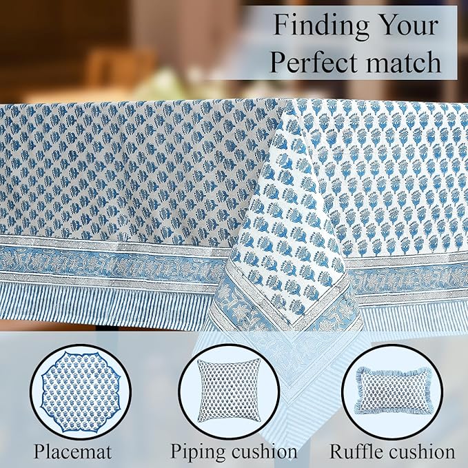 CPC Tablecloth 100% Cotton 60x60 Inch Indian Block Print Square Table Cover, Table Cloth for Weddings, Spring/Summer, Barbeque - Apatite Blue