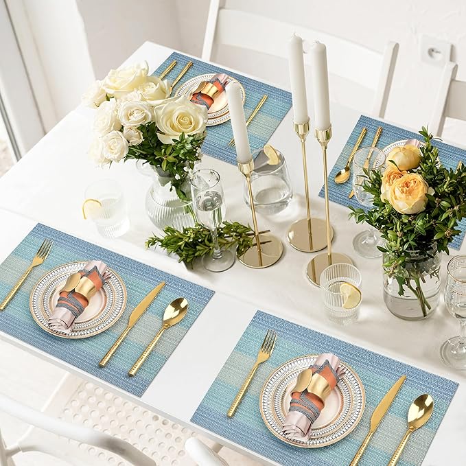 SLKQG Placemats Set of 4 - Easy Clean Washable Vinyl Placemats - Wipeable Heat Resistant Table Mats for Dining Table - 17.7x11.8 Inch (4, Blue Gradient)