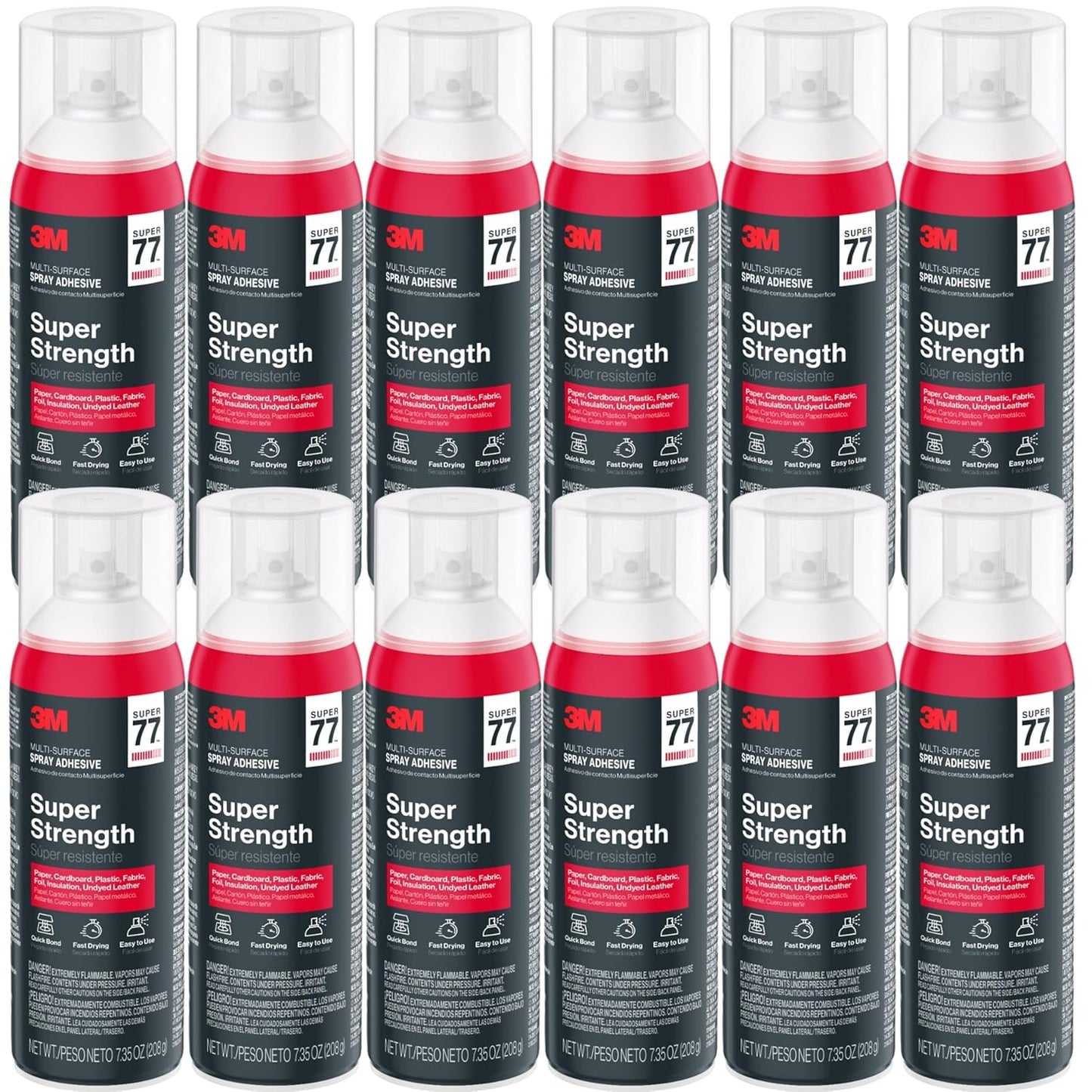 3M Super 77 Multipurpose Spray Adhesive, 7.35 oz Cans, Pack of 12 – Bulk High-Strength Spray Glue for Foam, Fabric, Plastic, Paper, Cardboard, Metal & More