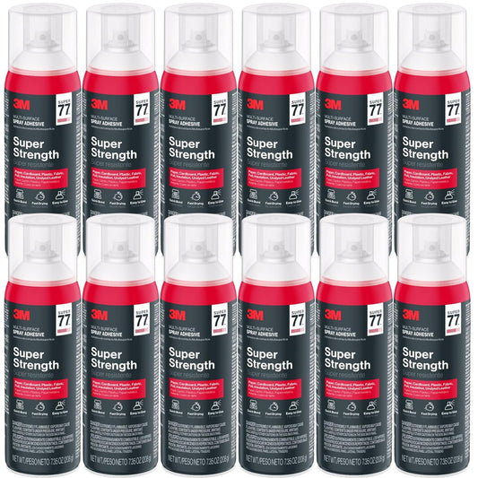3M Super 77 Multipurpose Spray Adhesive, 7.35 oz Cans, Pack of 12 – Bulk High-Strength Spray Glue for Foam, Fabric, Plastic, Paper, Cardboard, Metal & More