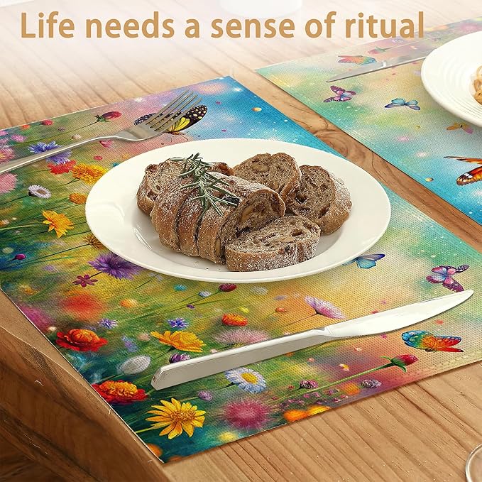 Placemats Set of 6,Colorful Butterfly Table Mats, Flowers Washable Linen Table Mats,Non-Slip Heat Resistant Placemats for Party Kitchen Dining Indoor Outdoor 12"x18"