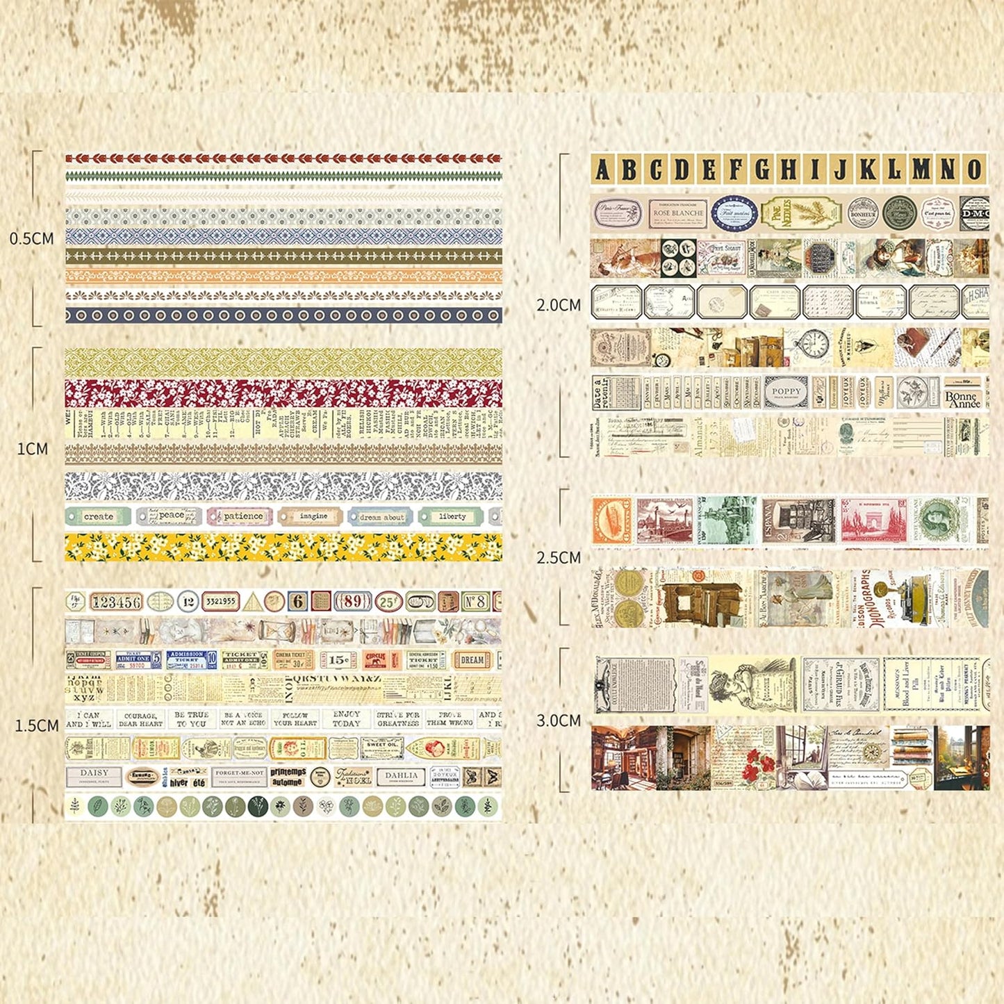 36 Rolls Vintage Washi Tape Pack Retro Arts Adhesive Tapes Wide Chronicle Decorative Masking Tape Sets for Craft, Kids, Scrapbook, DIY, Gift Wrapping (Sophia's Letters)