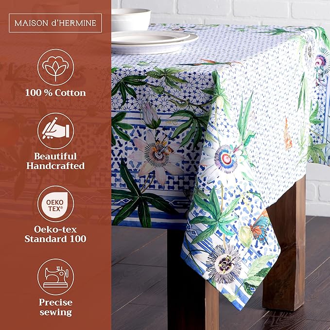 Maison d' Hermine Table Cloth Rectangle Table 100% Cotton 60 x 90 Inches Tablecloth Reusable Decorative for Dining Room, Farmhouse, Home, Party, Festive & Wedding Spring Summer - Passiflora