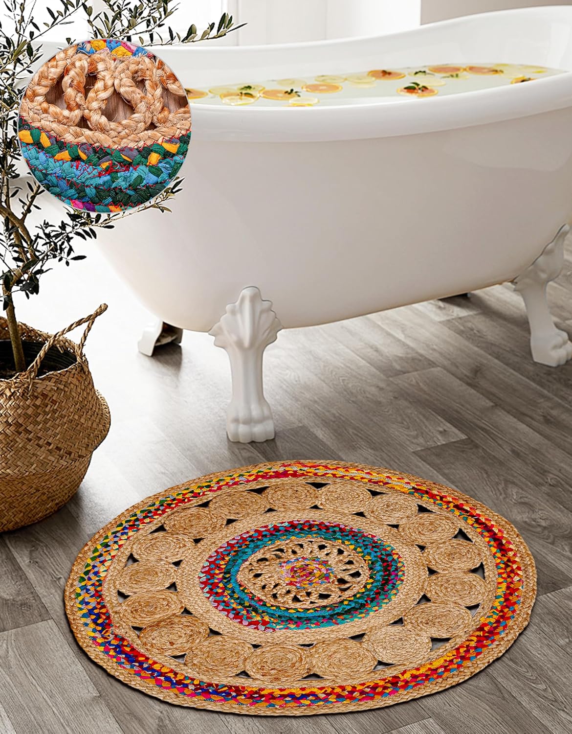 5' Round Handwoven Jute Chindi Area Rug - Colorful Boho Rugs for Living Room - Hand Braided Multicolor Bohemian Rug for Farmhouse, Bedroom, Dining Room, Classroom, Hallway, Kitchen, Office