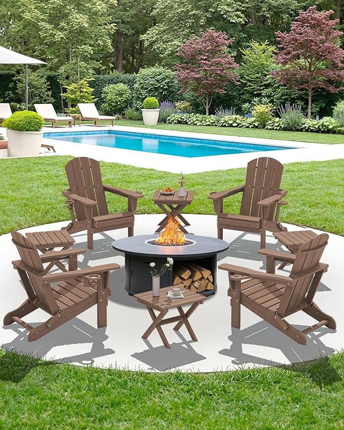 SERWALL Folding Outdoor Side Table Set of 2, Portable Adirondack Side Table, Brown