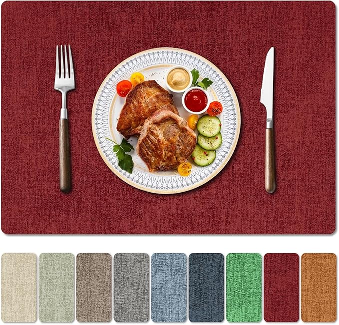 Faux Leather Heat Resistant Christmas Placemats Set of 6 – Waterproof Oilproof Wipeable Dining PU Vinyl Place Mat Easy Clean Table Mats for Kitchen/Dining/Party/Holiday, Red