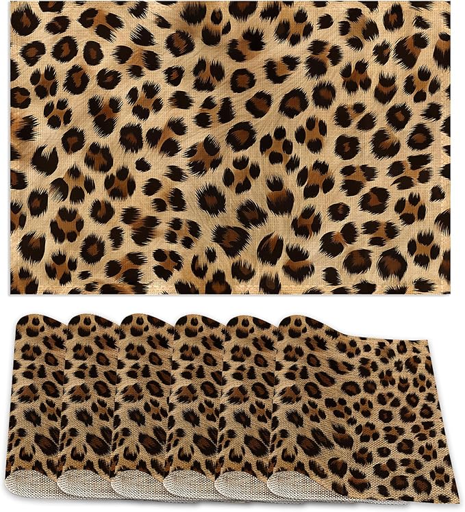Leopard Skin Texture Placemats Set of 6, Placemats Washable Kitchen Dining Linen Table Mats Stain Heat-Resistant for Home Party Indoor 12x18 inch