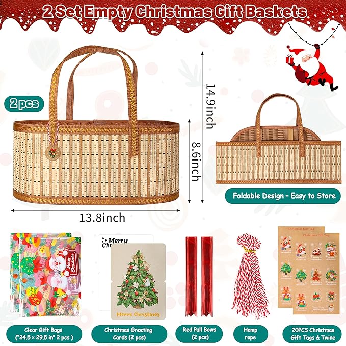 2 Set Baskets for Gifts Empty, Large Bamboo Christmas Gift Baskets with Handle, Foldable Woven Holiday Baskets for Gifts, DIY Gift Wrapping Set, Reusable Decorative Xmas Basket Kit