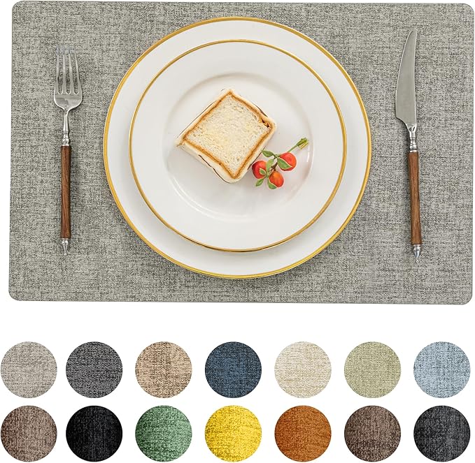 Romanstile Vinyl Placemats Set of 8-12 X 17 Inch - Heat Resistant Place Mats 100% Waterproof Oilproof Wipeable Reversible Faux Leather Table Mats for Kitchen, Dining, Party, Outdoor, Light Grey