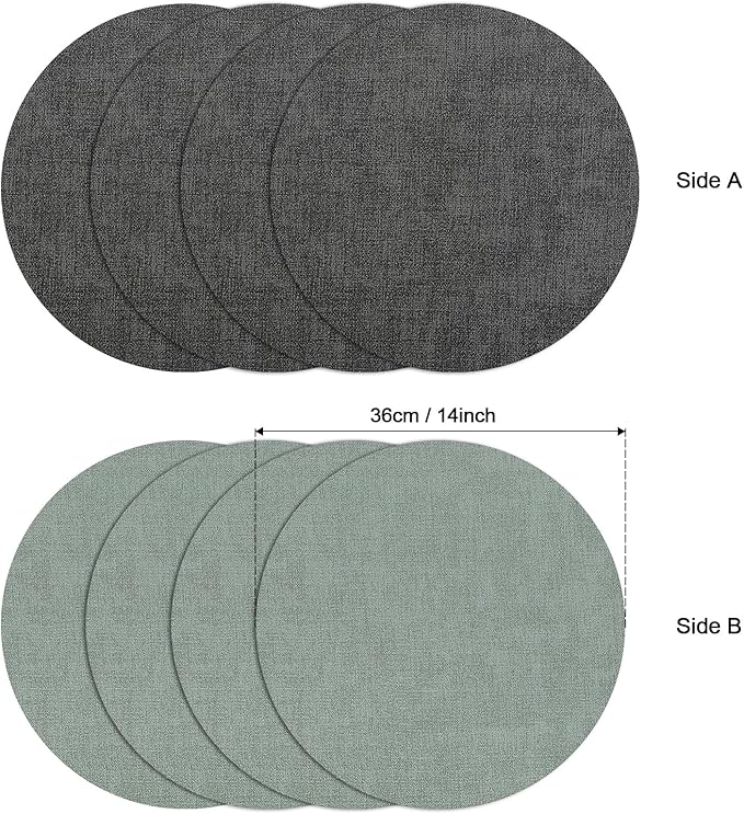 Myir JUN Round Placemats Dual Sided, Faux Leather Place Mats Set of 6 Indoor for Dining Table Outdoor Non-Slip Washable Table Mats (Set of 6, Gray Sage Green)