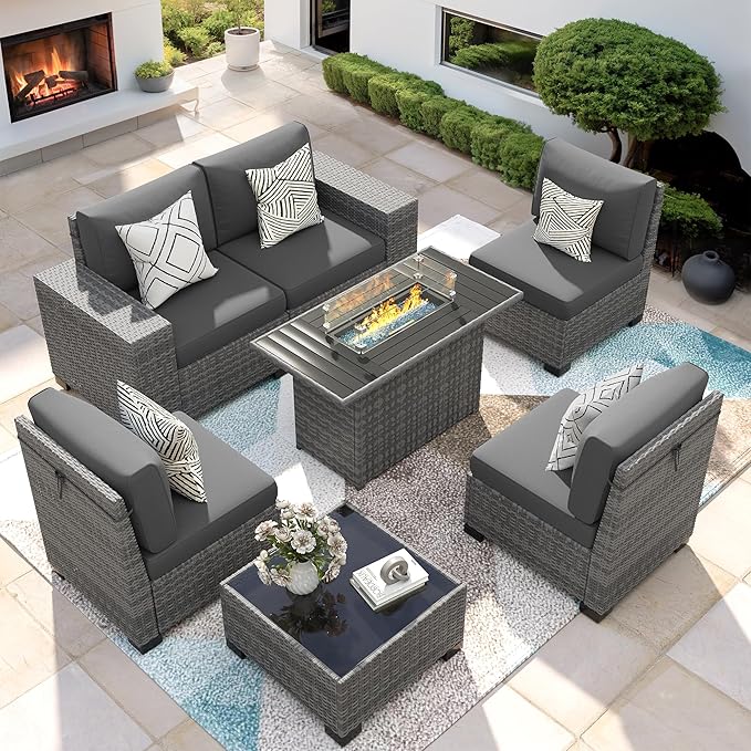 7 Piece Patio Furniture Set with Fire Pit Table, Outdoor Conversation Sets Wicker Rattan Sectional Sofa with Coffee Table, 4'' Thickened Cushion Dark Grey (Include Waterproof Cover)