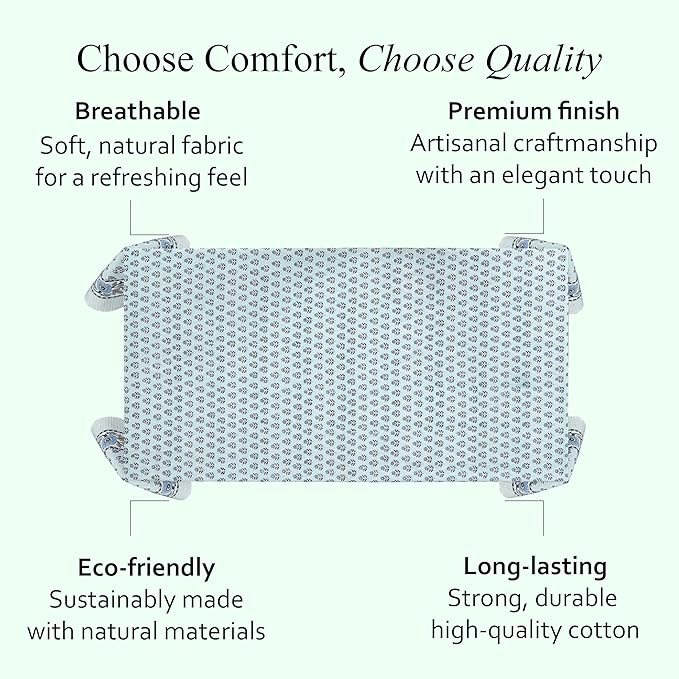CPC Tablecloth 100% Cotton 70x118 Inch Indian Block Print Rectangle Table Cover, Washable Table Cloth for Weddings, Spring/Summer, Barbeque - Poppy Blue