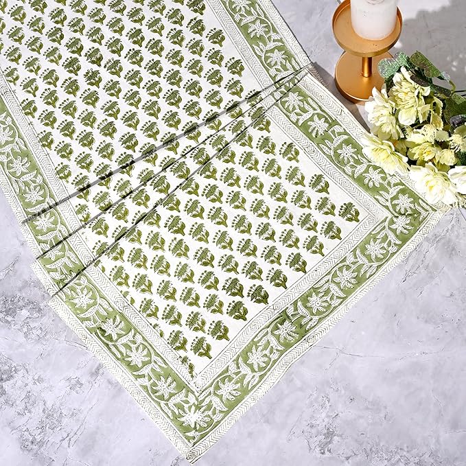 CPC Cotton Table Runner 16x106 inch Block Printed Long Fall Table Runner for Dining Table, Card Table, Coffee Table, Wedding, Farmhouse & Outdoor Barbeque-Emerald Green