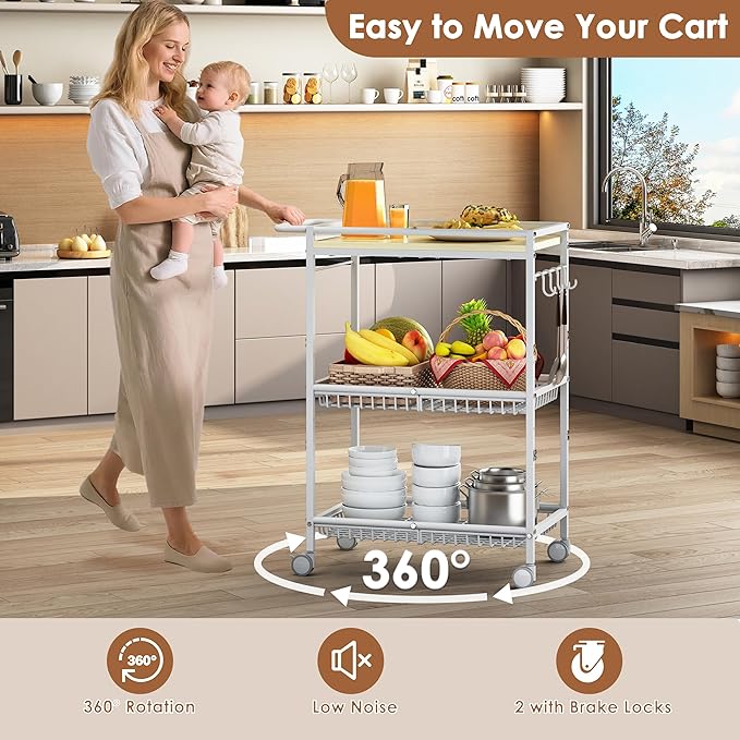 Microwave Kitchen Cart with 2 Lockable Wheels, White Kitchen Storage Cart with Push Handle, 3 Tier Rolling Cart with 160Lbs Capacity for Kitchen Island, Restaurant, Coffee Bar, Living Room, Office