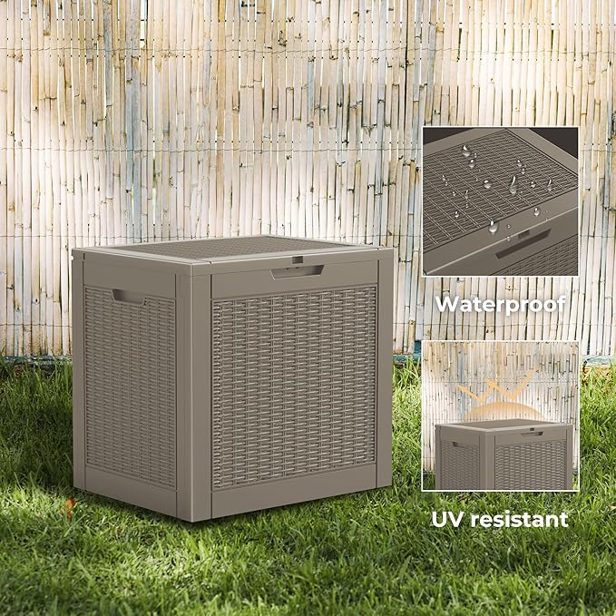 DRATO 34 Gallon Deck Boxes Resin Outdoor Storage Box UV Resistant Outside Deck Box with Lockable Lid for Patio Furniture（Grey，34 Gallon）