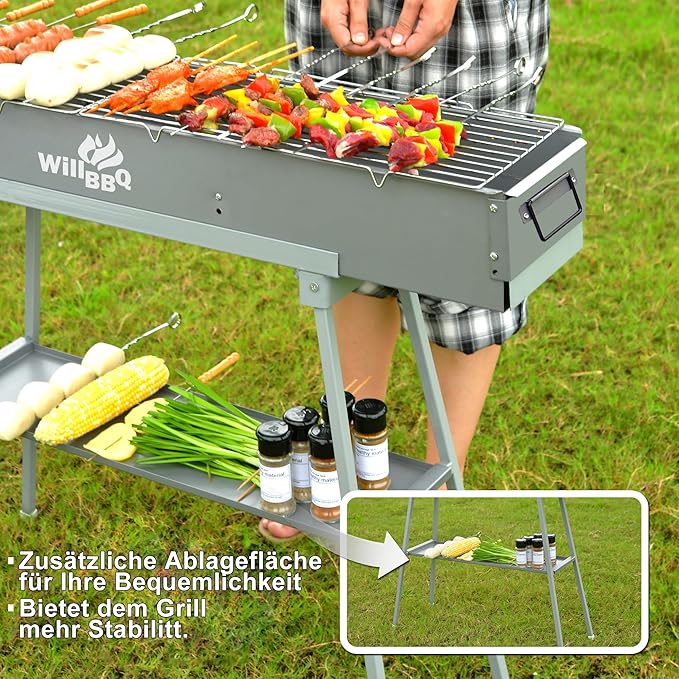 WILLBBQ Charcoal Grills Commercial Quality Portable Hibachi BBQ Lamb Skewer Foldable Camping Barbecue Grill for Outdoor Cooking & Camping(31.6x10.3x5.1 inch) - The Perfect Gifts for Grill Lovers