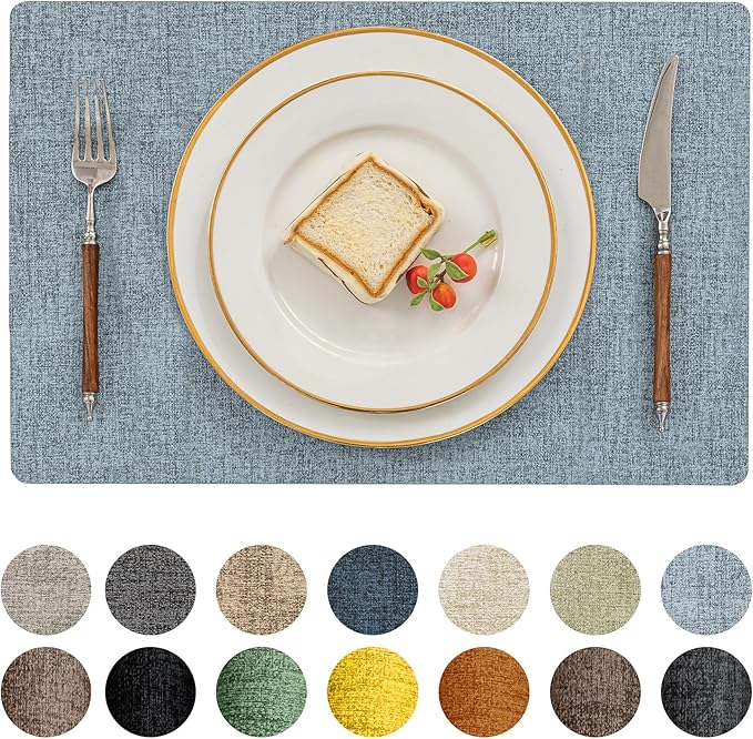 Romanstile Vinyl Placemats Set of 4-12 X 17 Inch - Heat Resistant Place Mats 100% Waterproof Oilproof Wipeable Reversible Faux Leather Table Mats for Kitchen, Dining, Party, Outdoor, Sky Blue