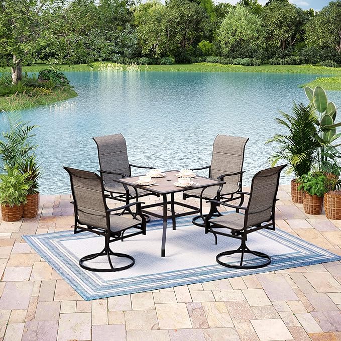 Outdoor Patio Square Dining Table, 37"x 37" Wood-Like Tabletop with Adjustable Umbrella Hole and Faux Wood Tabletop, All Weather Wrought Iron Black Outdoor Table for Deck Lawn Backyard