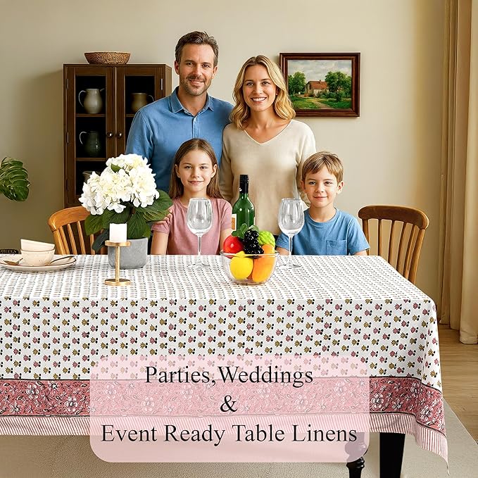 CPC Rosette Bloom Tablecloth 100% Cotton 70x118 Inch Indian Block Print Rectangle Table Cover, Table Cloth for Gifting in Weddings, Halloween, Fall, Christmas, Thanksgiving