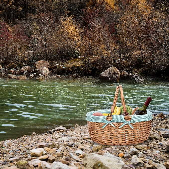 G GOOD GAIN Oval Picnic Basket with Folding Handles, Willow Hand Woven Shopping Basket, Bath Storage Gift Packing Basket, Wicker Empty Easter Eggs and Candy Small Gift Basket.Green