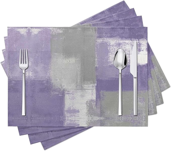 Modern Art Placemats Set of 4 Purple Abstract Painting Place Mats Washable Linen Grey Placemat for Dining Table Kitchen Party Home Decor 18x12 Inches