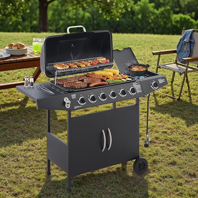 Propane Gas BBQ Grill with 6-Burner and Side Burner 59000 BTU Stainless Steel Barbecue Grill with Porcelain-Enameled Cast Iron Grates,Side Shelves and Wheels Portable Outdoor Grill for Pation,Backyard