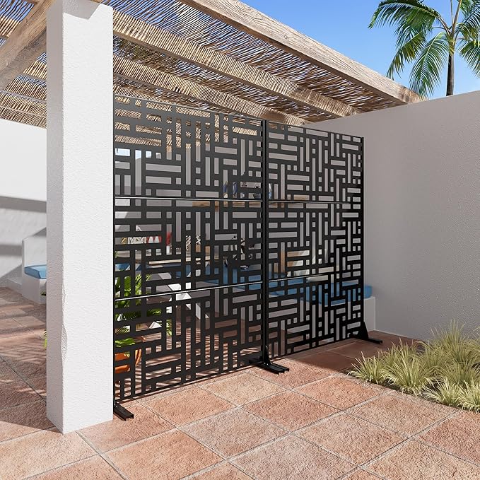 Casaphoria Privacy Screen 72" H x 45" W Metal, 2 Pack Outdoor Freestanding Decorative Divider for Patio & Garden with Stable Base, Black-Helen