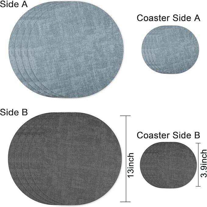 13-Inch Faux Leather Round Placemats Set of 4, Waterproof Anti-Slip Dual Sided Place mats, Heat Resistant Washable Table Mats with Coaster, Suitable for Indoor & Outdoor(4, Black Light Blue)