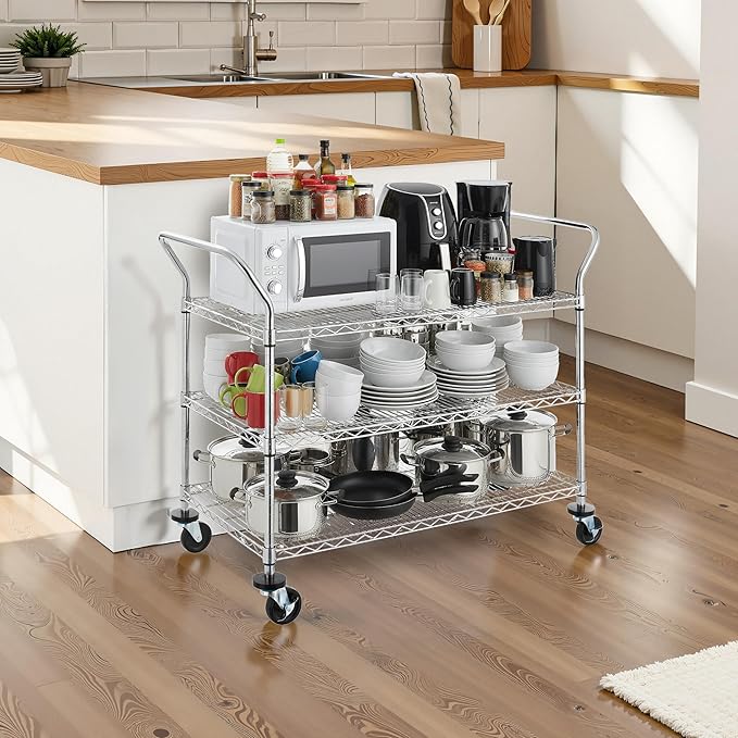 Finnhomy 3-Tier Commercial Grade Rolling Cart, Heavy Duty Utility Carts with Wheels and Handles, Kitchen Trolly on Wheels, Metal Serving Shelves with 700 lbs Capacity, Shelf Size 24" D x 48" W, NSF